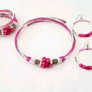 Pink Sea beads and pearl necklace set
